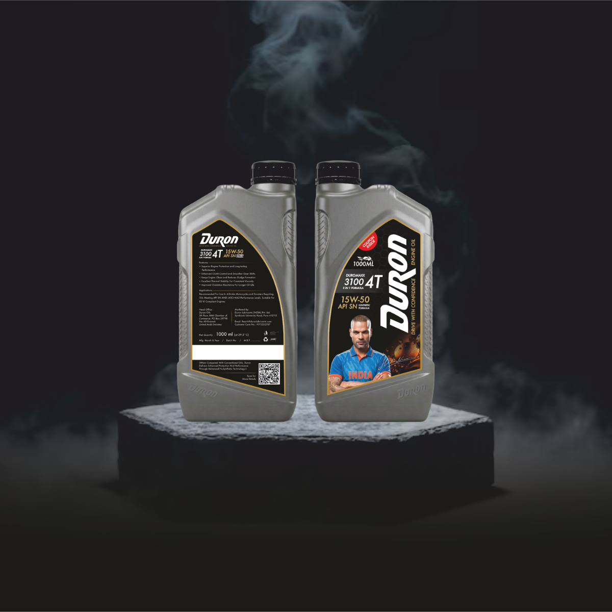 Duron DUROSYNTH 5100 4T 15W-50 fully synthetic motorcycle engine oil bottle, black-gold design.
